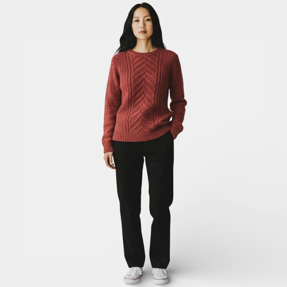 ROOTS Chevron Cable Knit Red Sweater, Cotton Casual Cottagecore Crewneck, Sz XS